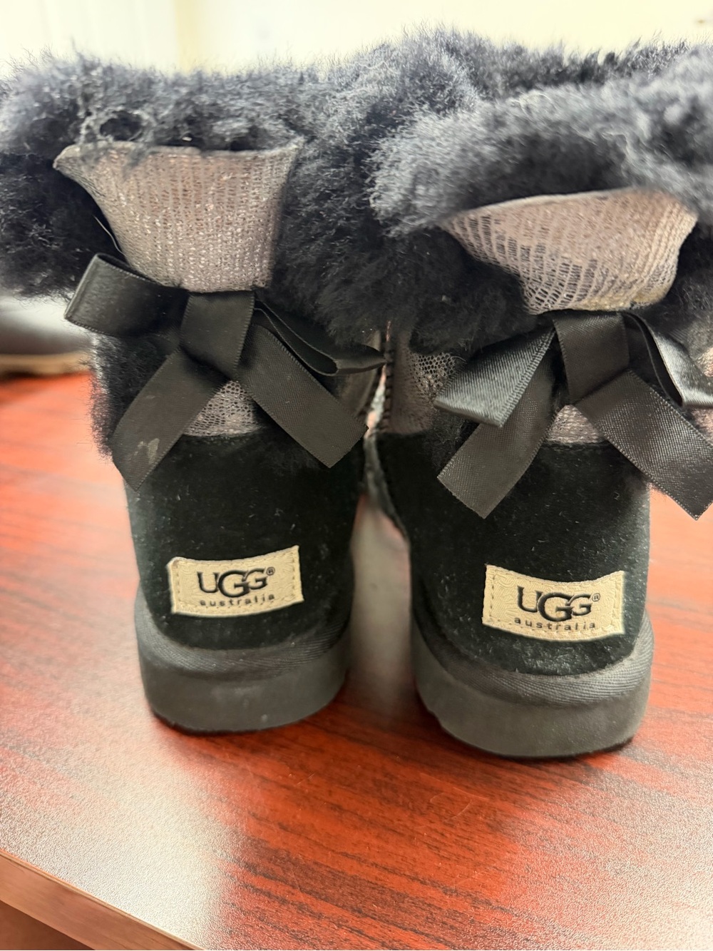 UGG Kids Black Suede Bow Back Shearling Boots